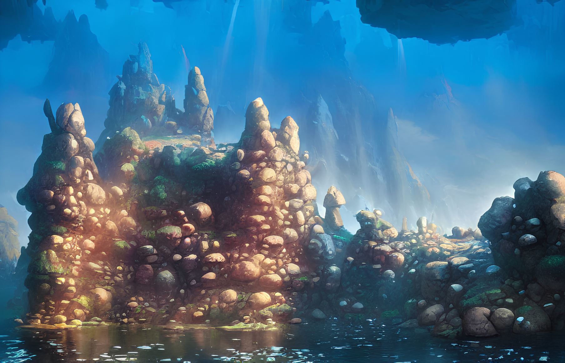 Sunlit underwater landscape with rocky formations and marine flora