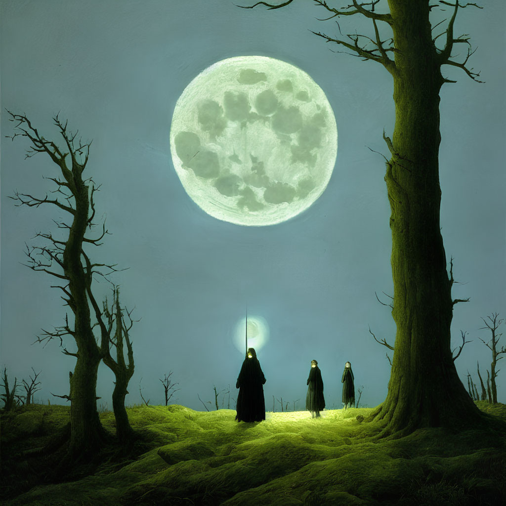 Three robed figures under full moon in eerie landscape