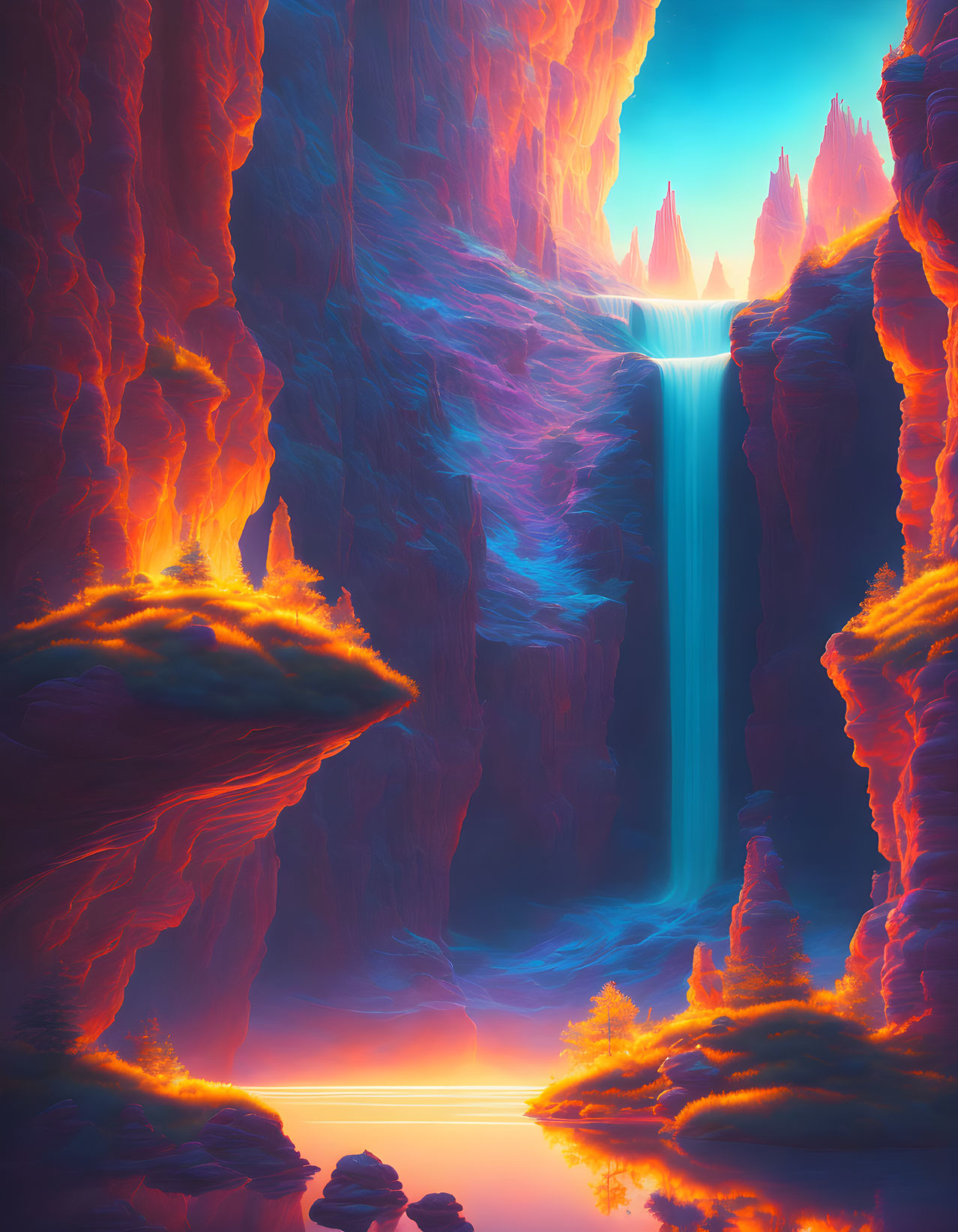 Neon-lit waterfall cascading through crimson cliffs in surreal landscape