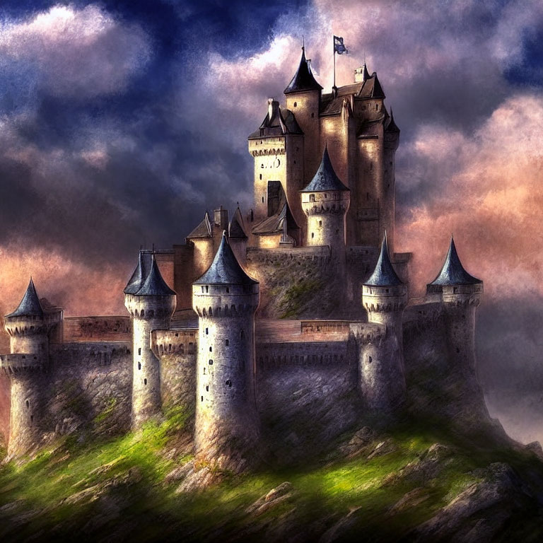 Medieval castle with spires, stone walls, and towers under dramatic cloudy sky