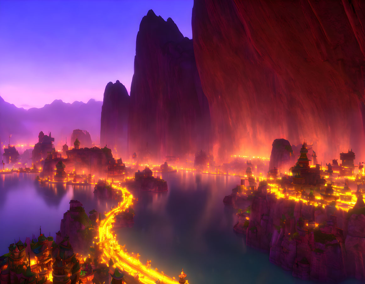 Vibrant purple dusk landscape with Asian-style buildings and glowing mountains