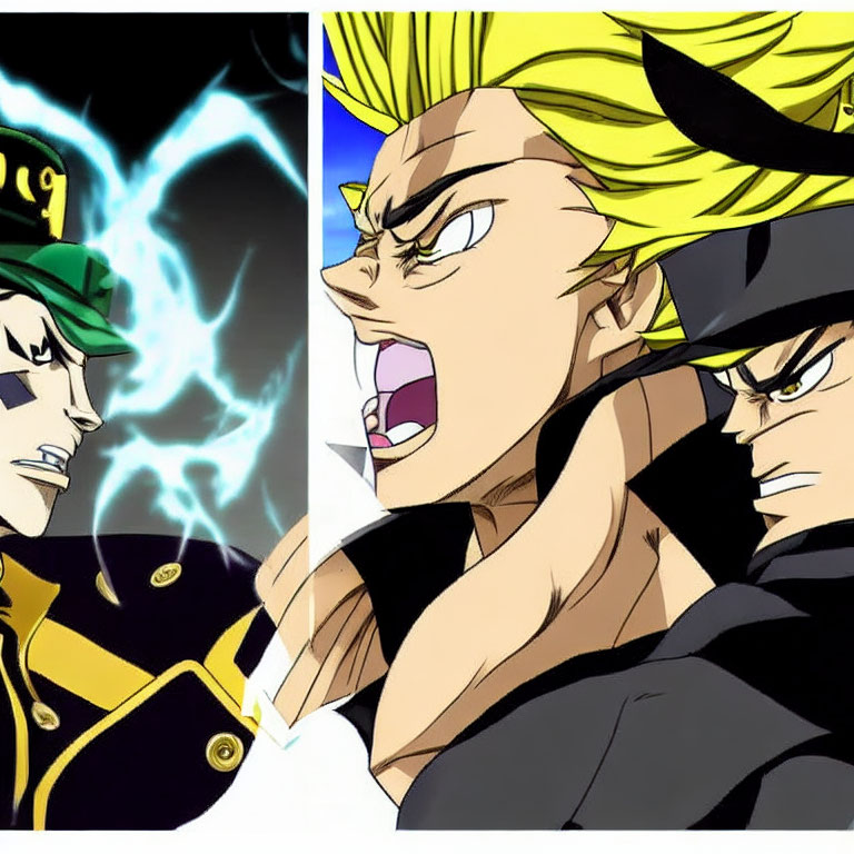 Animated characters with black cap and green top with electricity, alongside character with spiky blond hair yelling