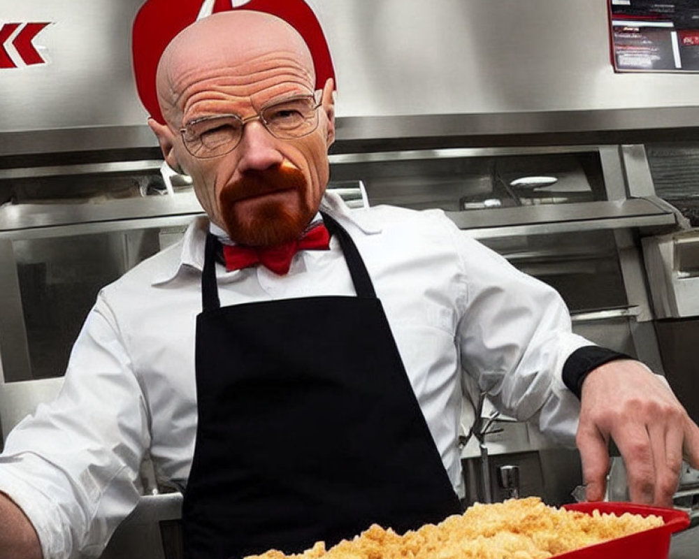 Man in glasses and black apron with fast-food tray in kitchen.