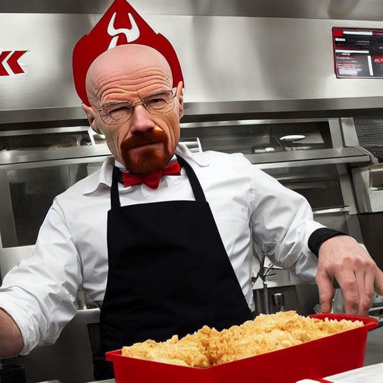 Man in glasses and black apron with fast-food tray in kitchen.