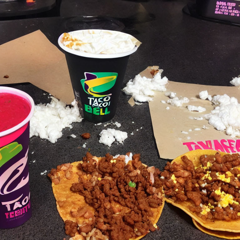 Messy Taco Bell meal with scattered rice, toppled cup, taco shell, and crumpled