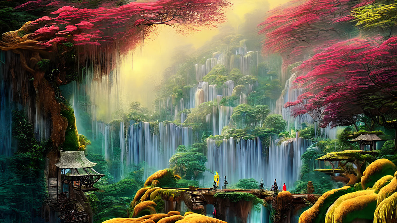 Vibrant fantasy landscape with colorful foliage, waterfalls, and oriental pagoda