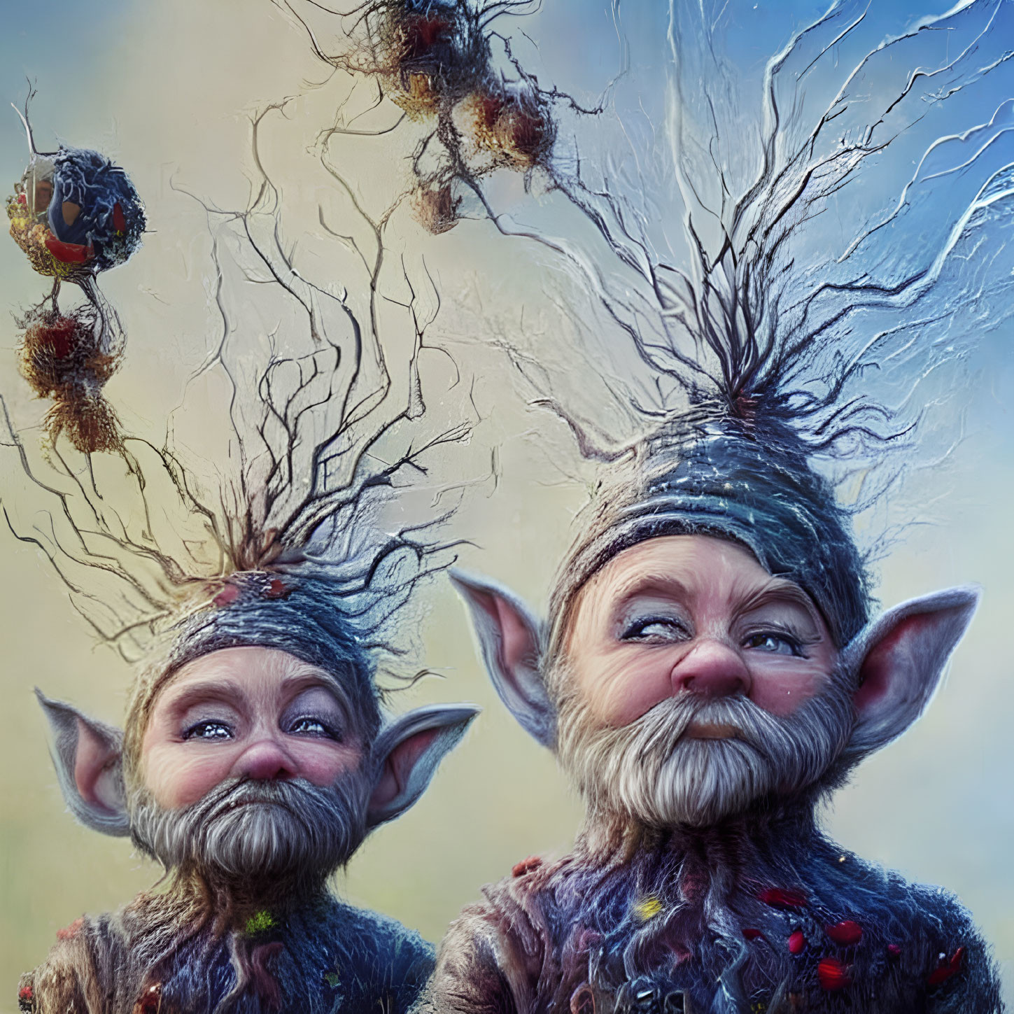 Whimsical fantasy creatures with pointed ears and tree-like hair in soft-focus setting