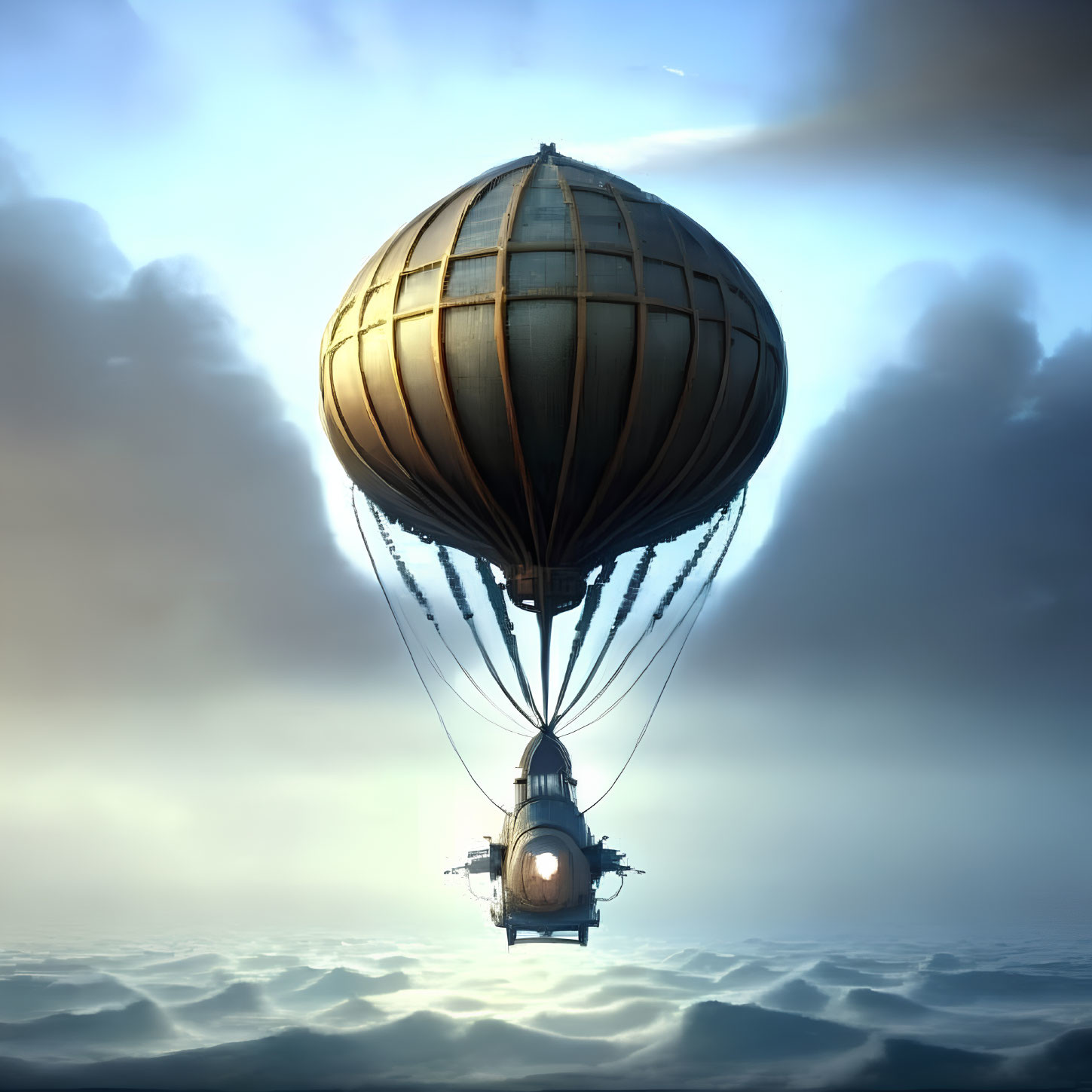 Steampunk-style airship with round balloon at dusk or dawn