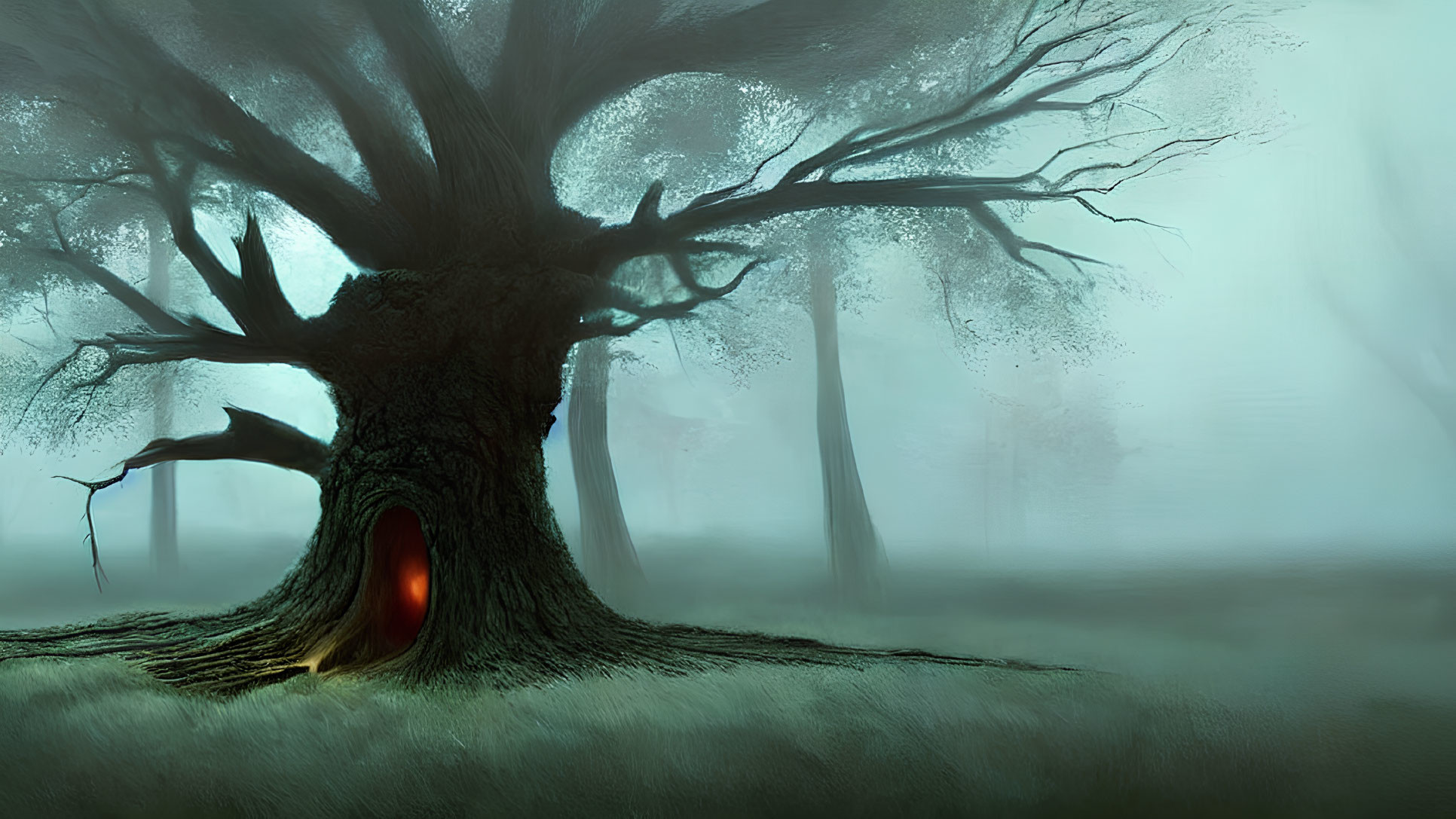 Enigmatic large glowing hollow tree in foggy forest