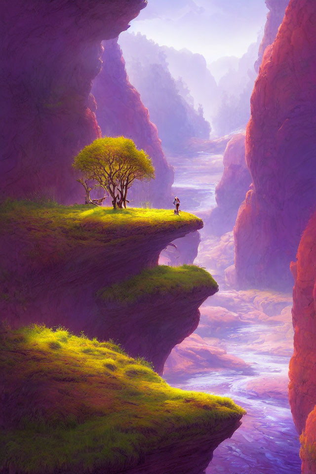 Person on lush purple cliff overlooking tranquil river in mystical canyon