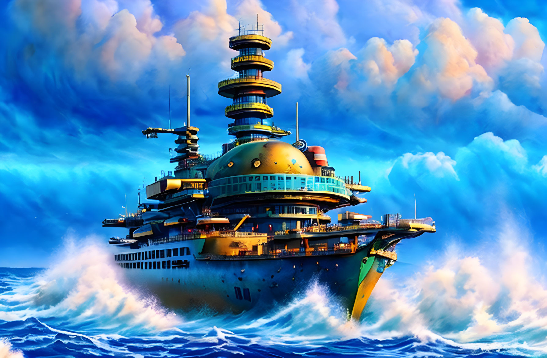 Futuristic battleship with antennas on choppy ocean waves