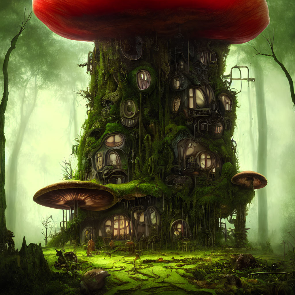 Mushroom-shaped treehouse with round windows in misty forest