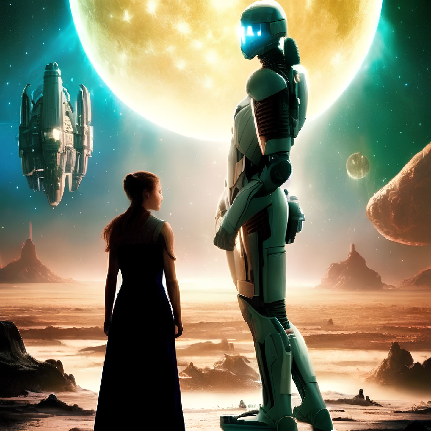 Woman and humanoid robot on alien planet with moon, spaceships, and distant planets in starry sky