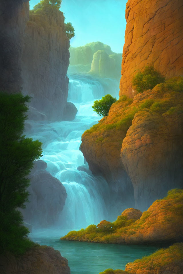 Tranquil river with cascading waterfall and lush cliffs