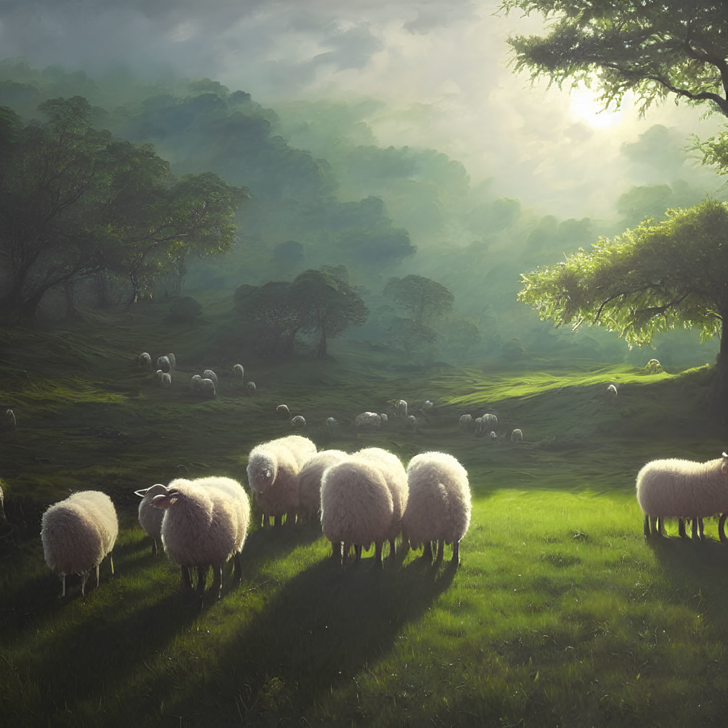 Tranquil landscape: Sheep grazing on lush green grass at sunrise