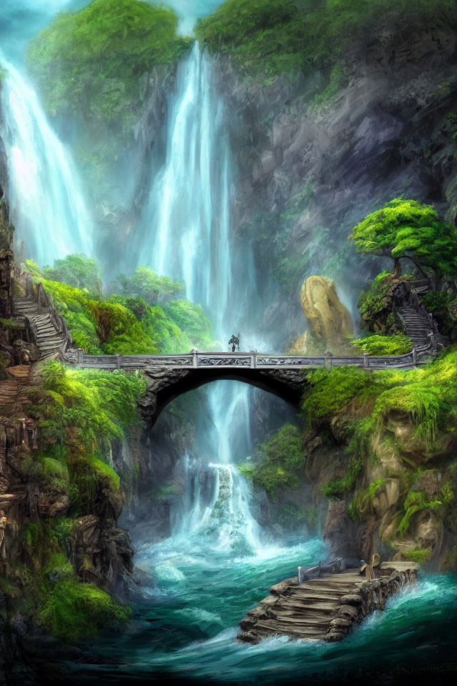 Majestic fantasy landscape with towering waterfall, stone bridge, figure, lush greenery, and small