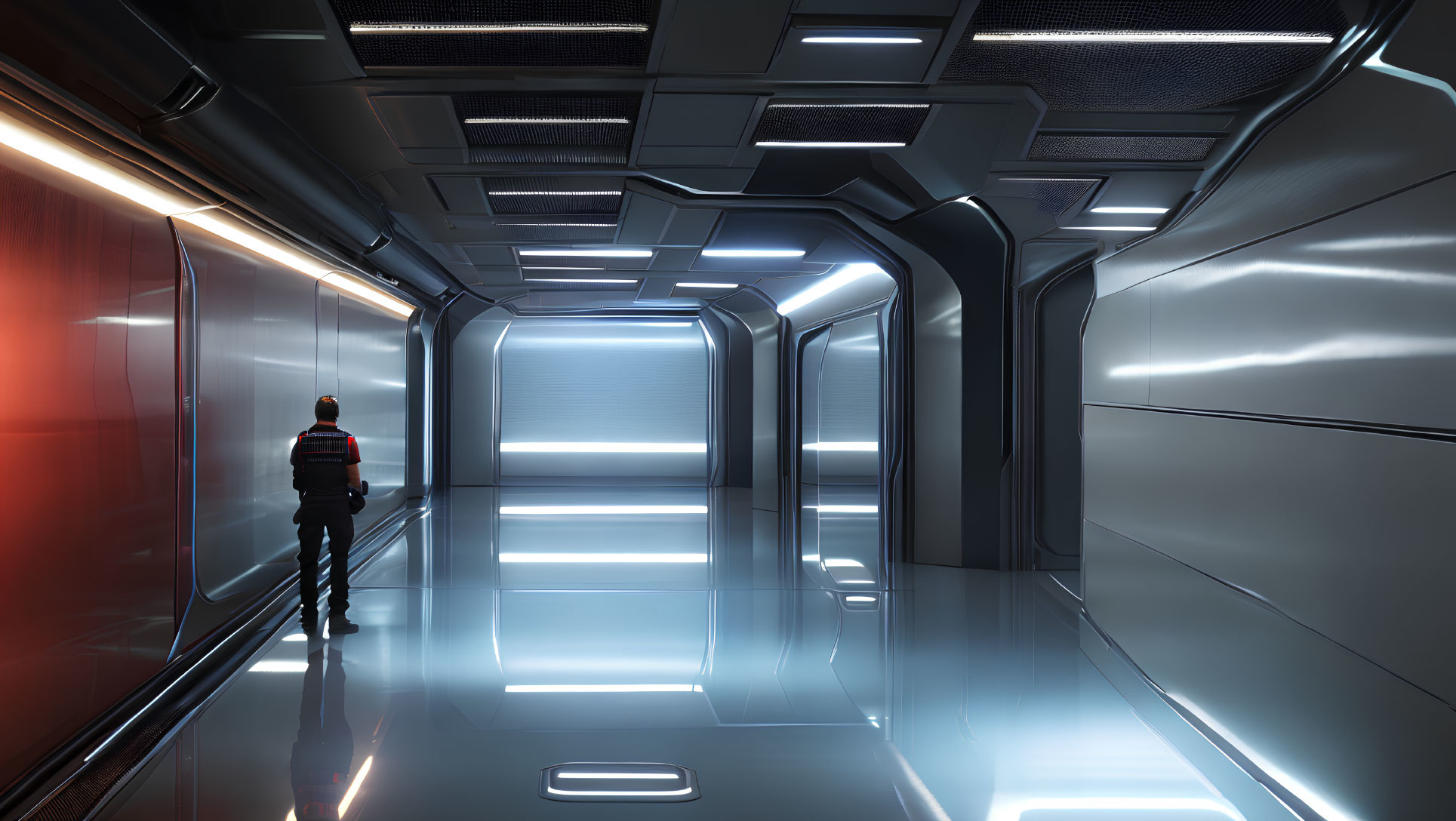 Futuristic corridor with person in dark outfit