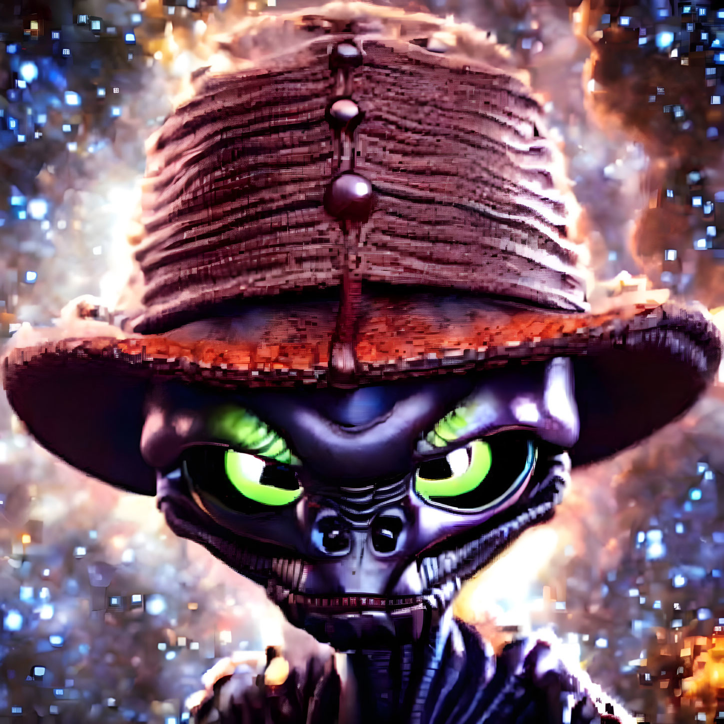 Textured hat 3D character with green eyes on cosmic backdrop