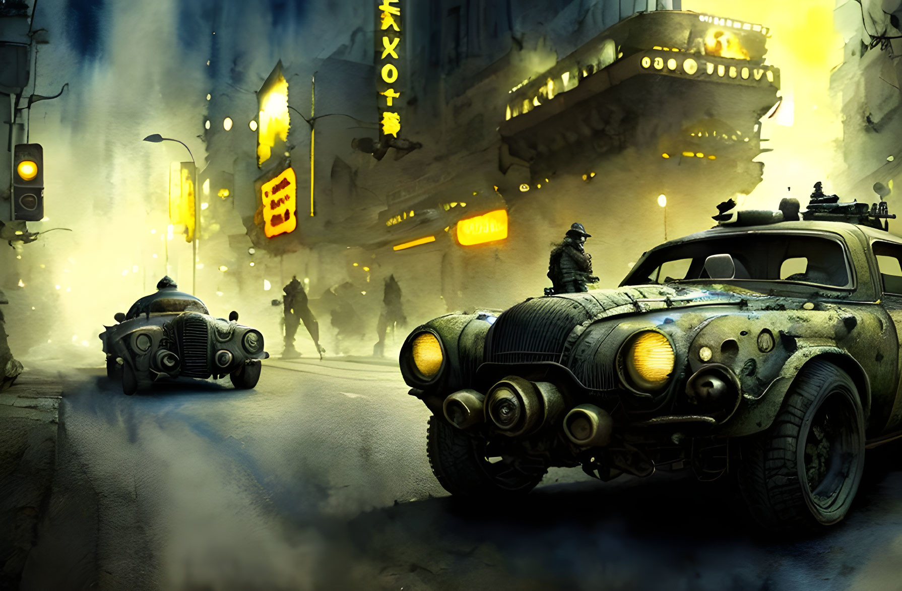 Misty neon-lit street with vintage vehicles and pedestrians