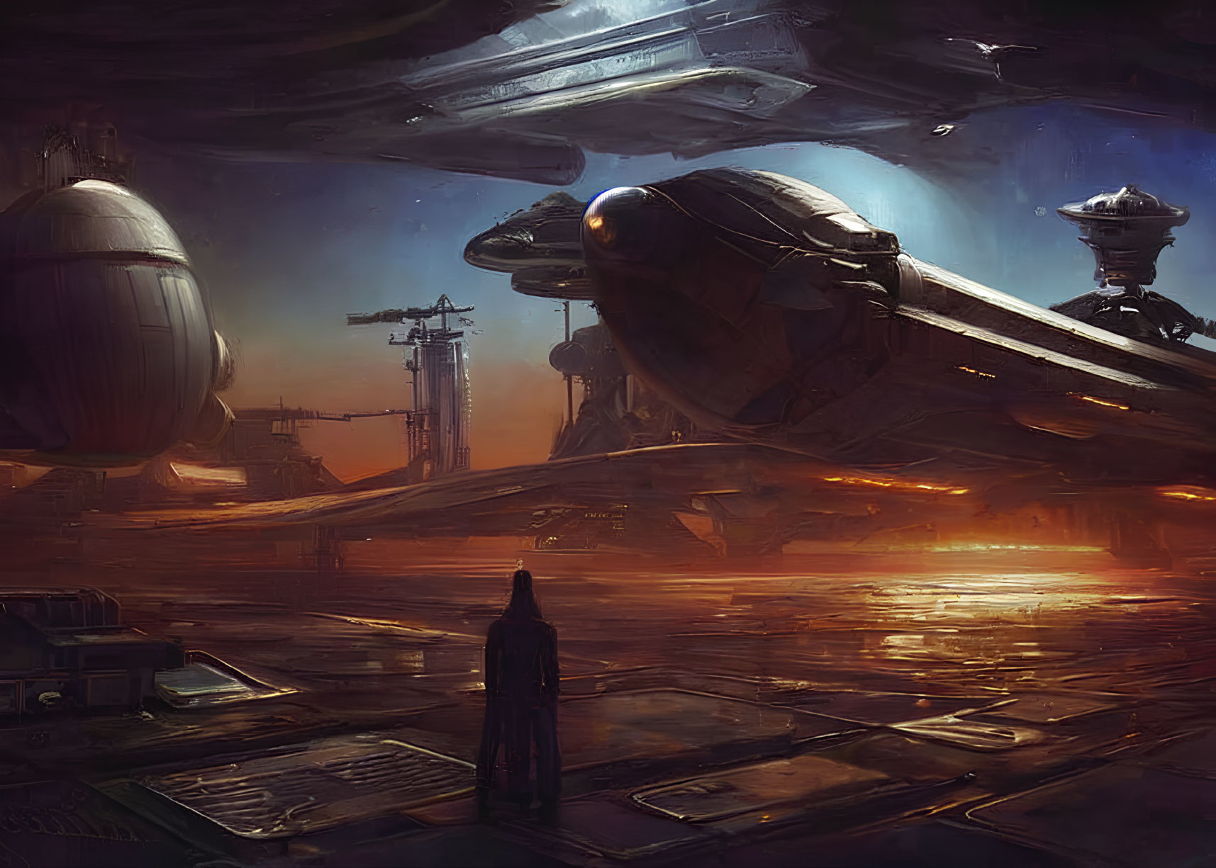 Sci-fi landscape with figure on platform and spaceships