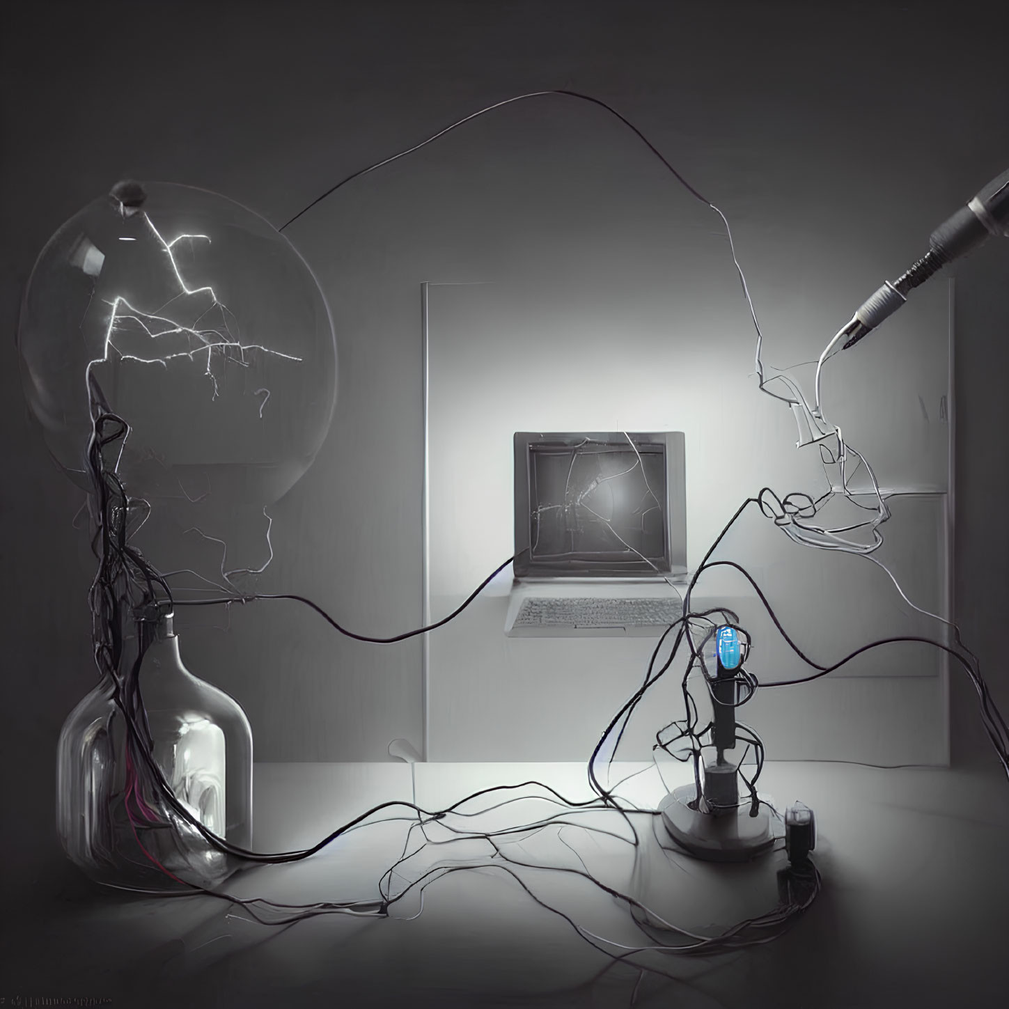 Surreal artwork with glass bulb, lightning, wires, robot, laptop