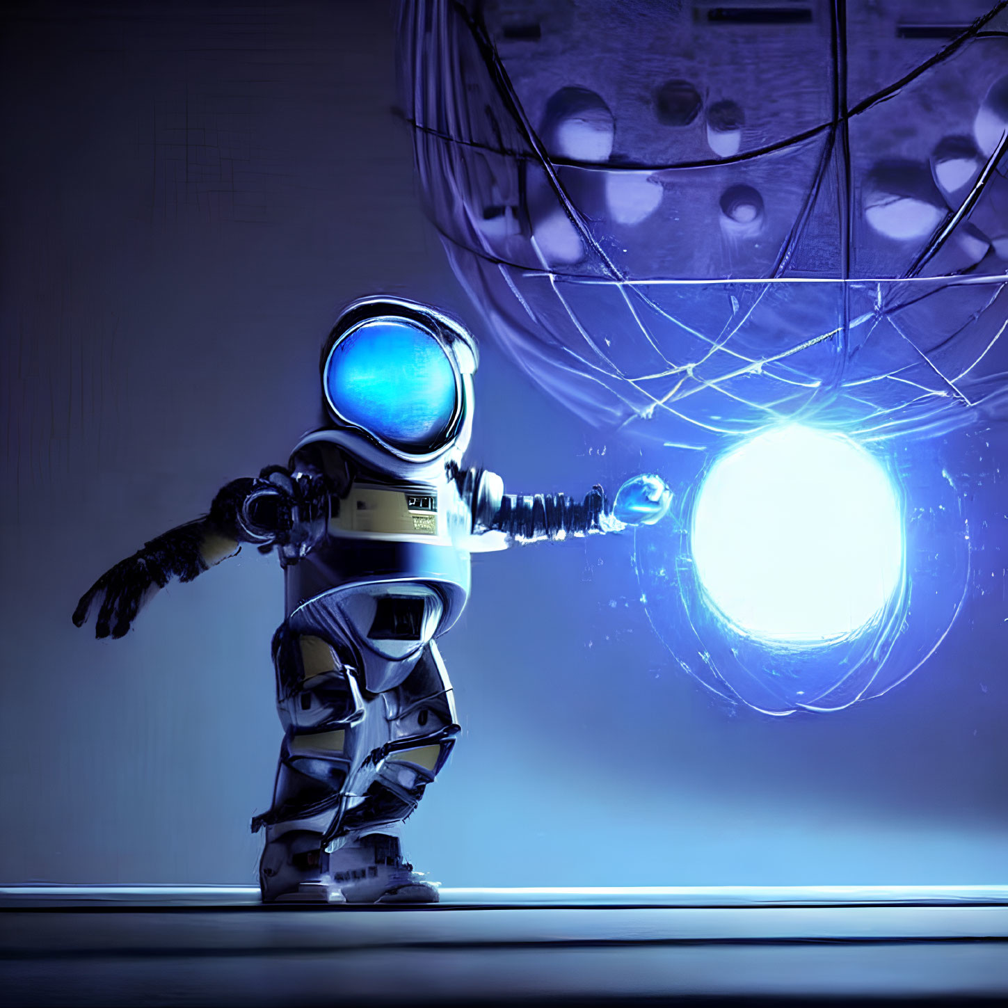 Futuristic robot with illuminated spherical head and mechanical arms in sci-fi setting