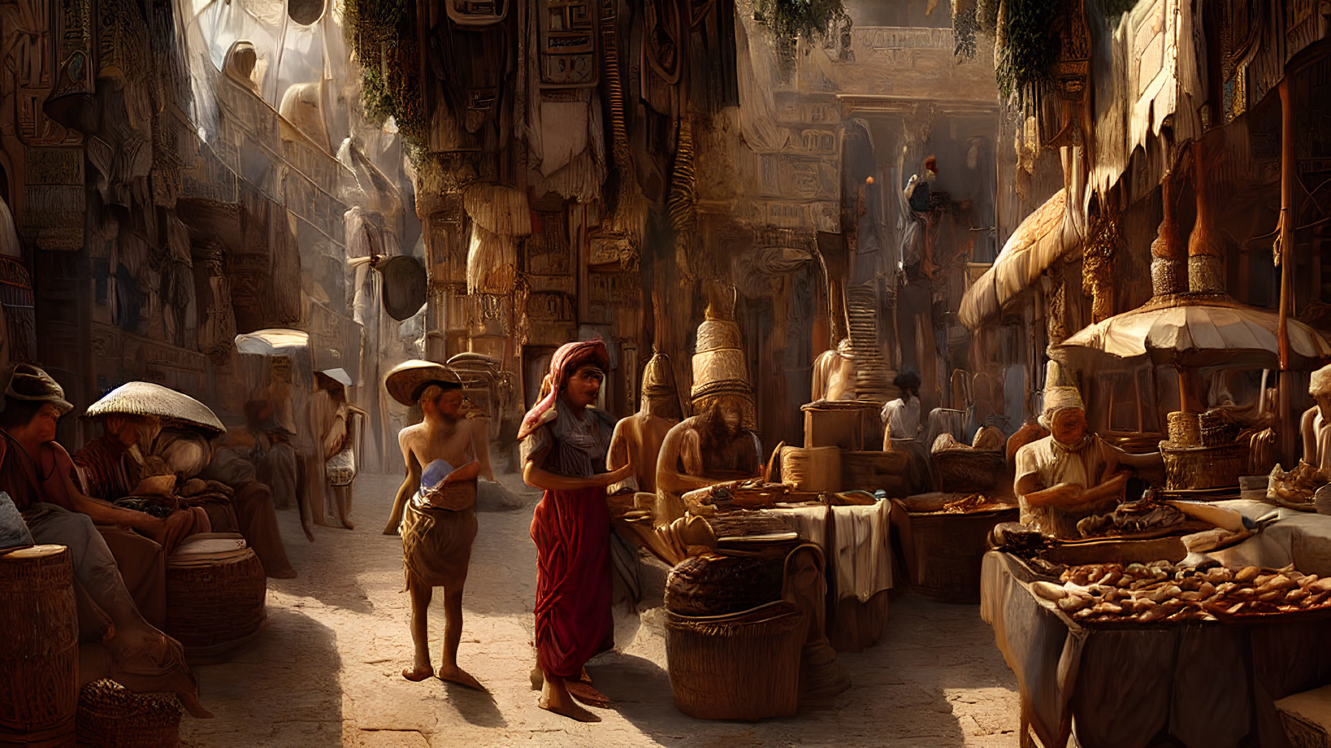 Historical market scene with vendors and townspeople in warm sunlight