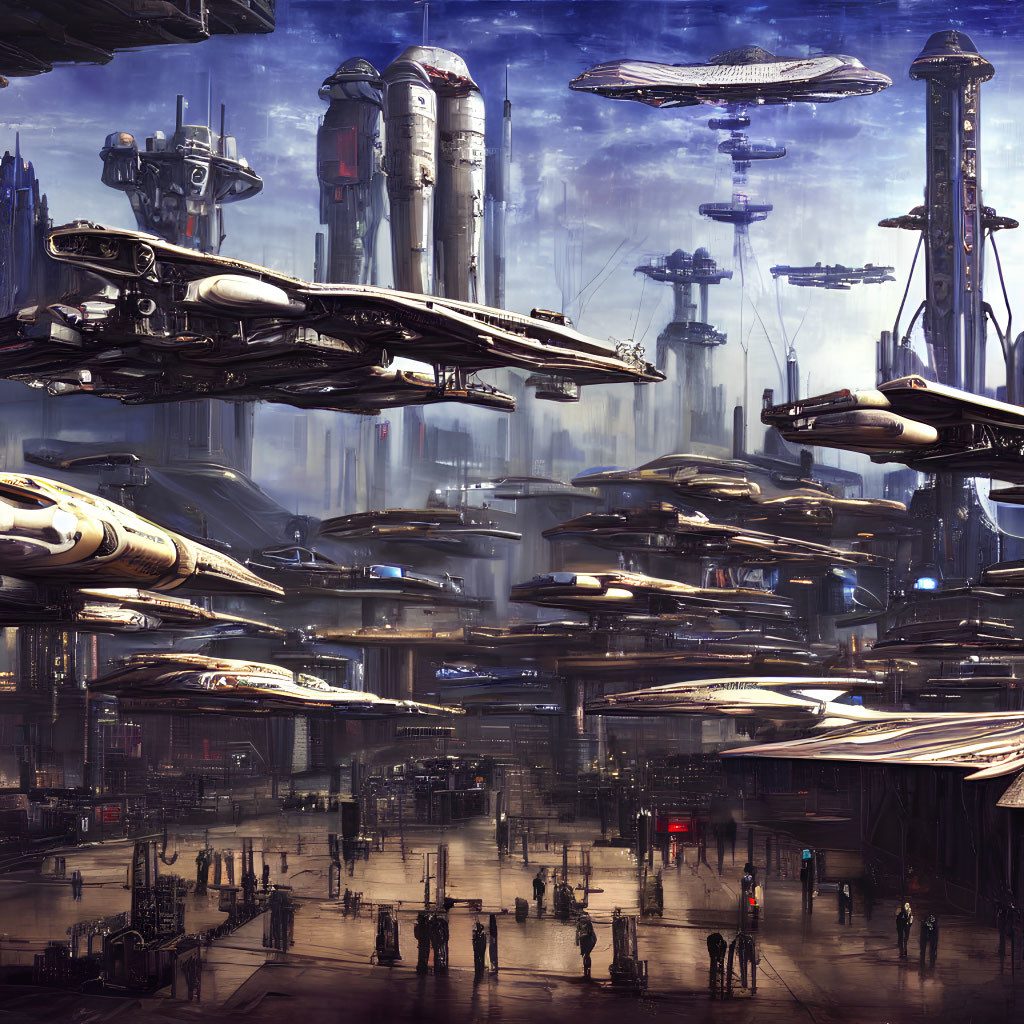 Futuristic cityscape with skyscrapers, spacecraft, and crowds in blue metropolis