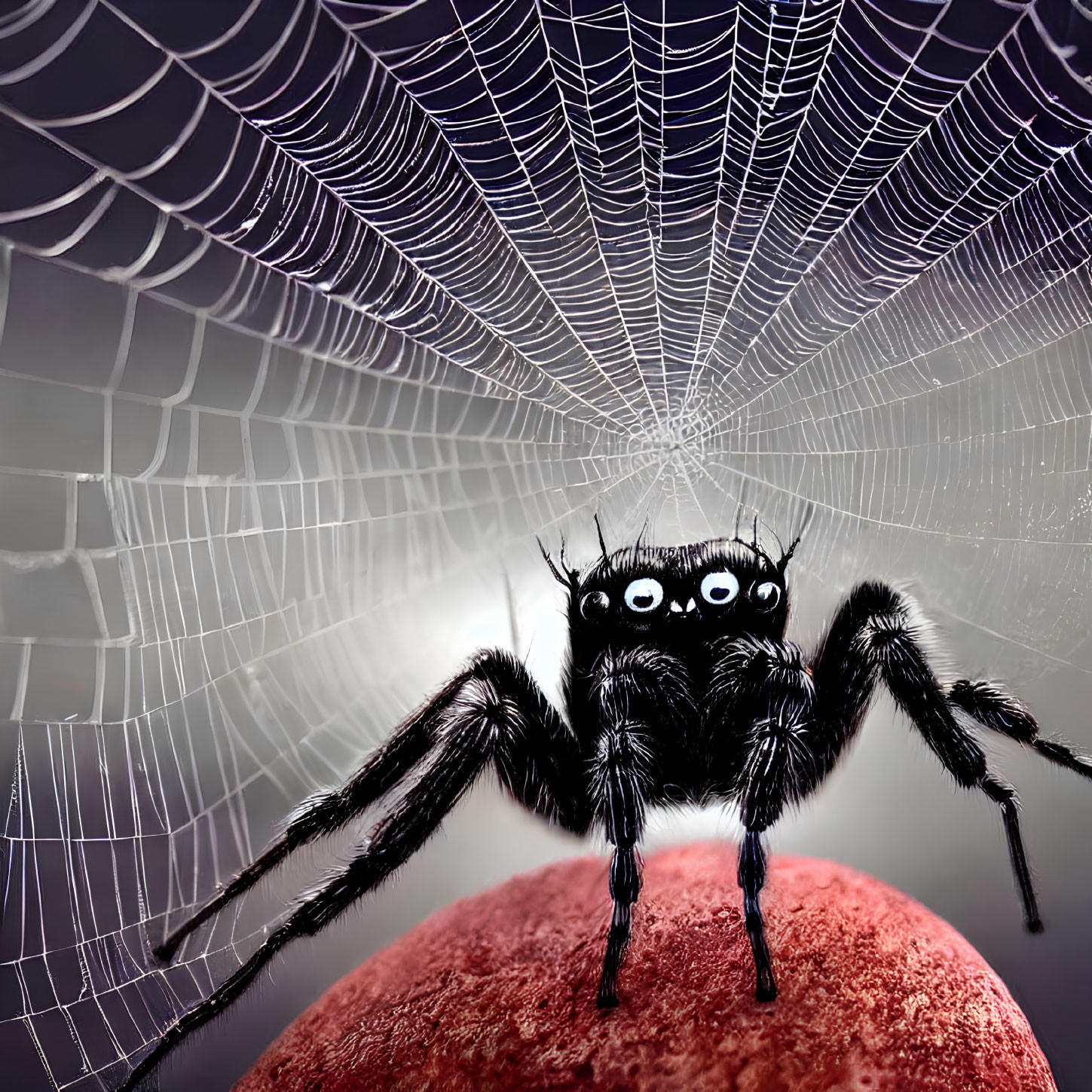 Large Hairy Spider on Rock with Shining Eyes and Web Background