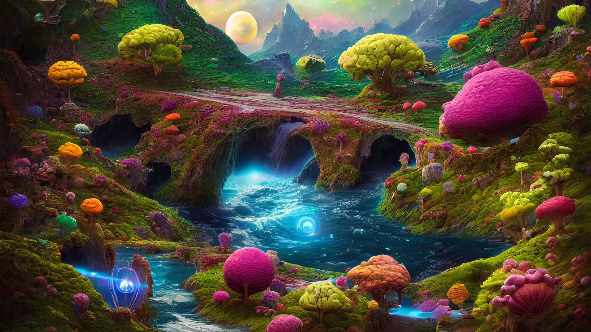 Colorful Mushroom Trees and Glowing Orbs in Mystic Fantasy Landscape