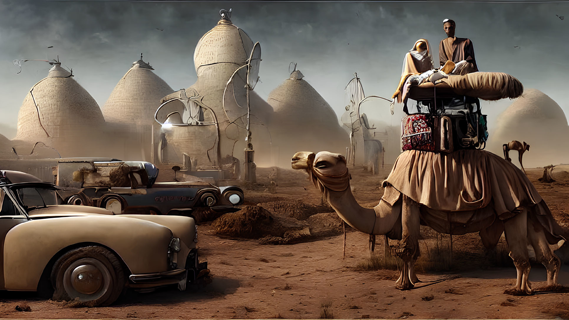 Surreal desert landscape with beehive structures, camel rider, and vintage cars