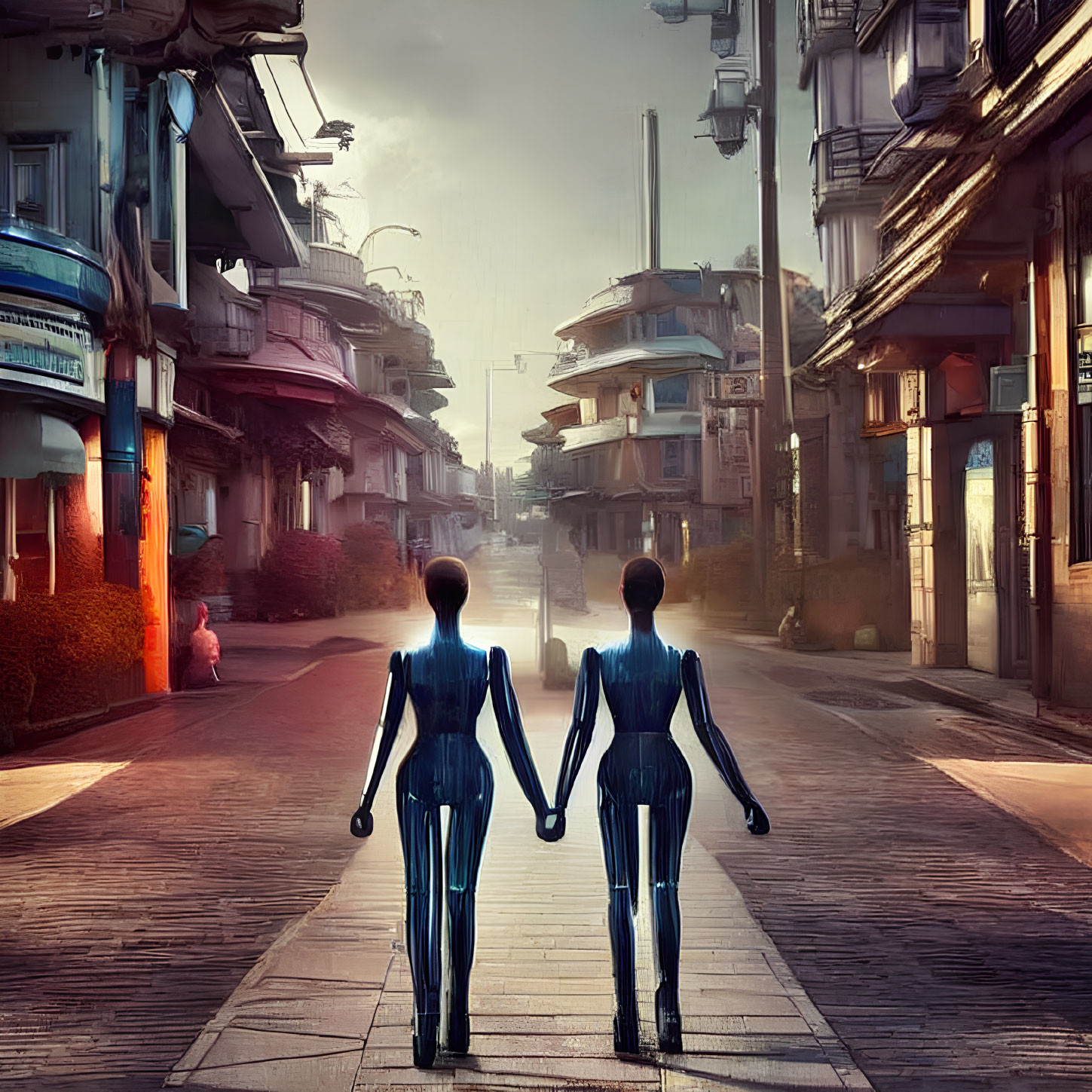 Mirrored humanoid figures stroll deserted sunlit street