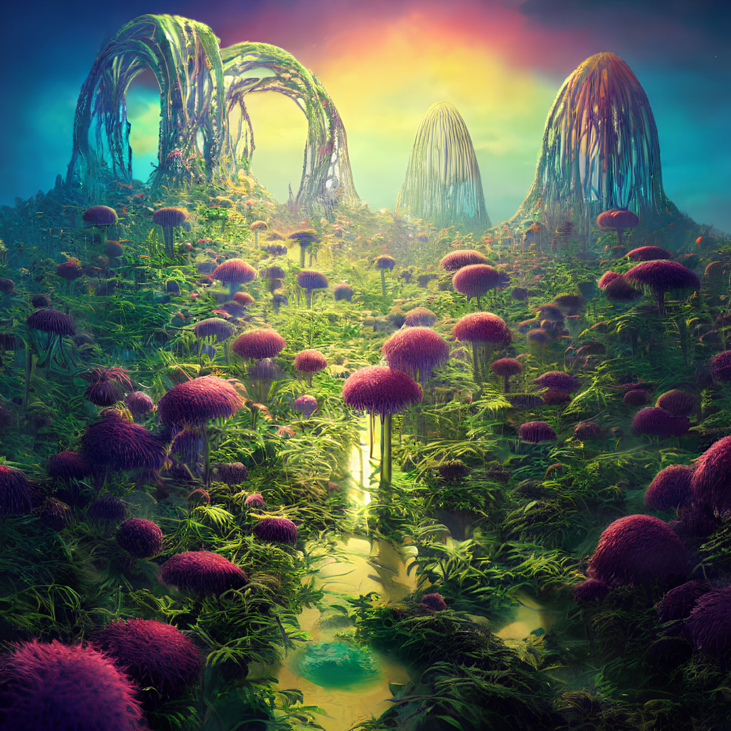 Colorful Alien Landscape with Luminescent Flora and Tentacle-like Structures