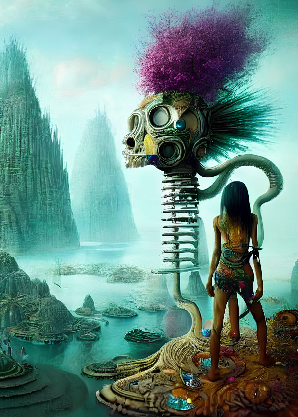 Surreal landscape with giant skull on spring and floating islands