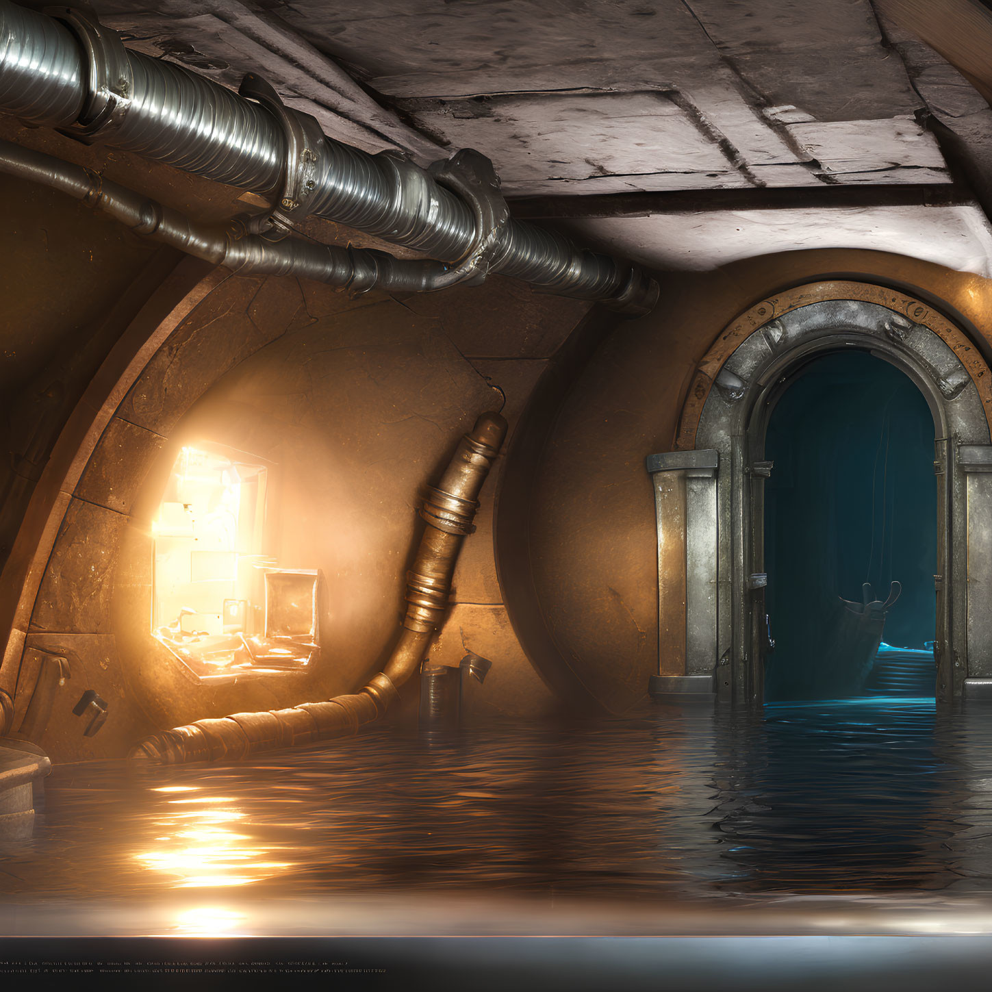 Dimly Lit Industrial Room with Large Pipes, Flooded Floor, and Glowing Round Doorway