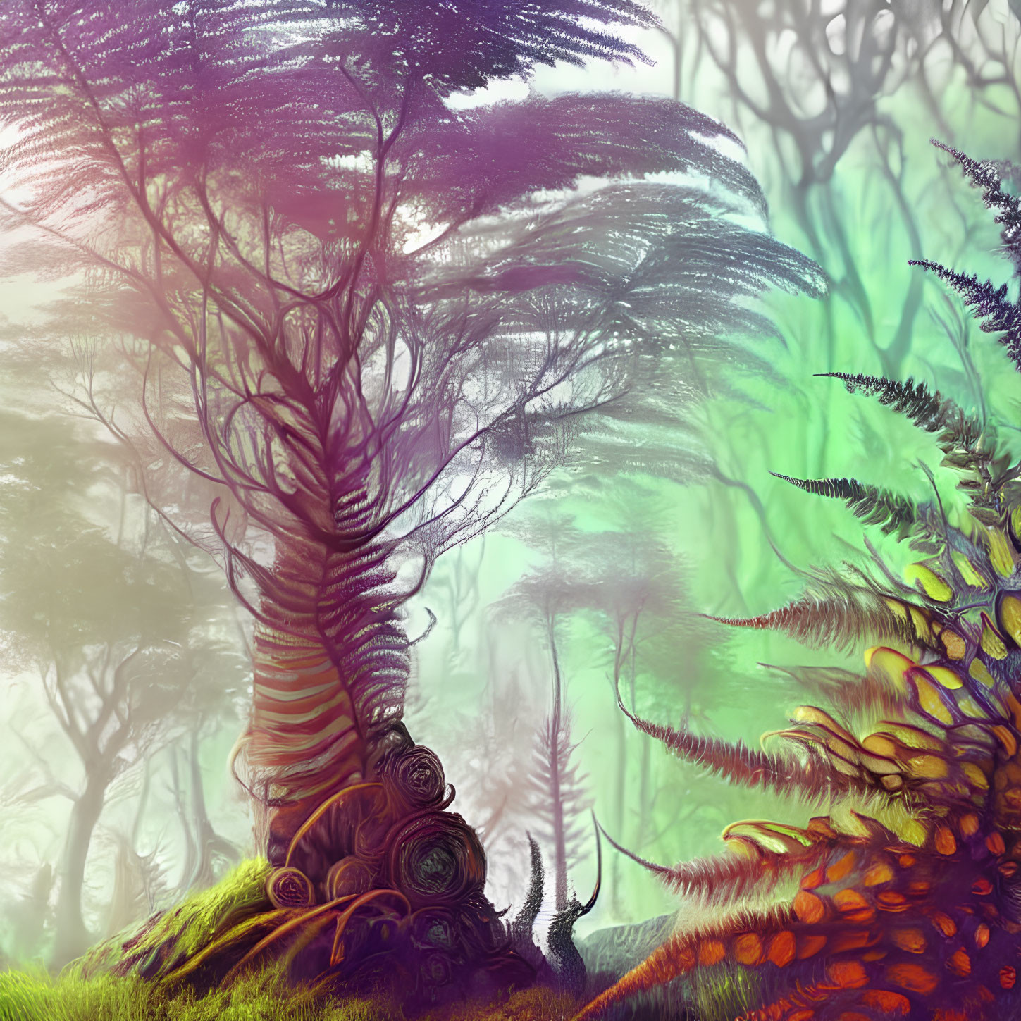 Fantasy forest with twisted trees, oversized ferns, mist, greens, purples, oranges