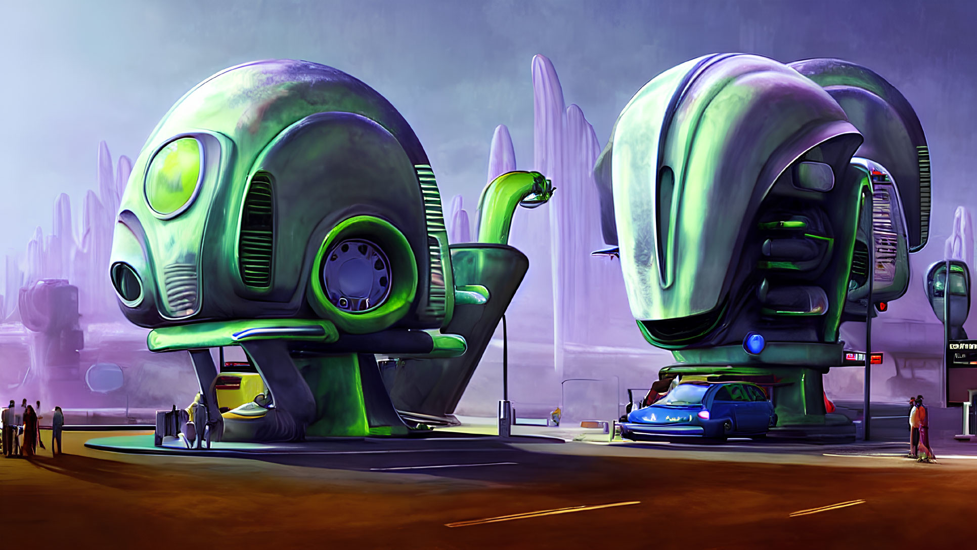 Alien-like architecture in futuristic cityscape with parked blue car