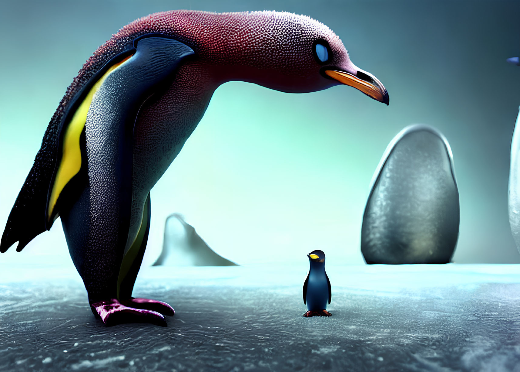 Colorful giant penguin and tiny penguin on icy surface with egg-shaped stones