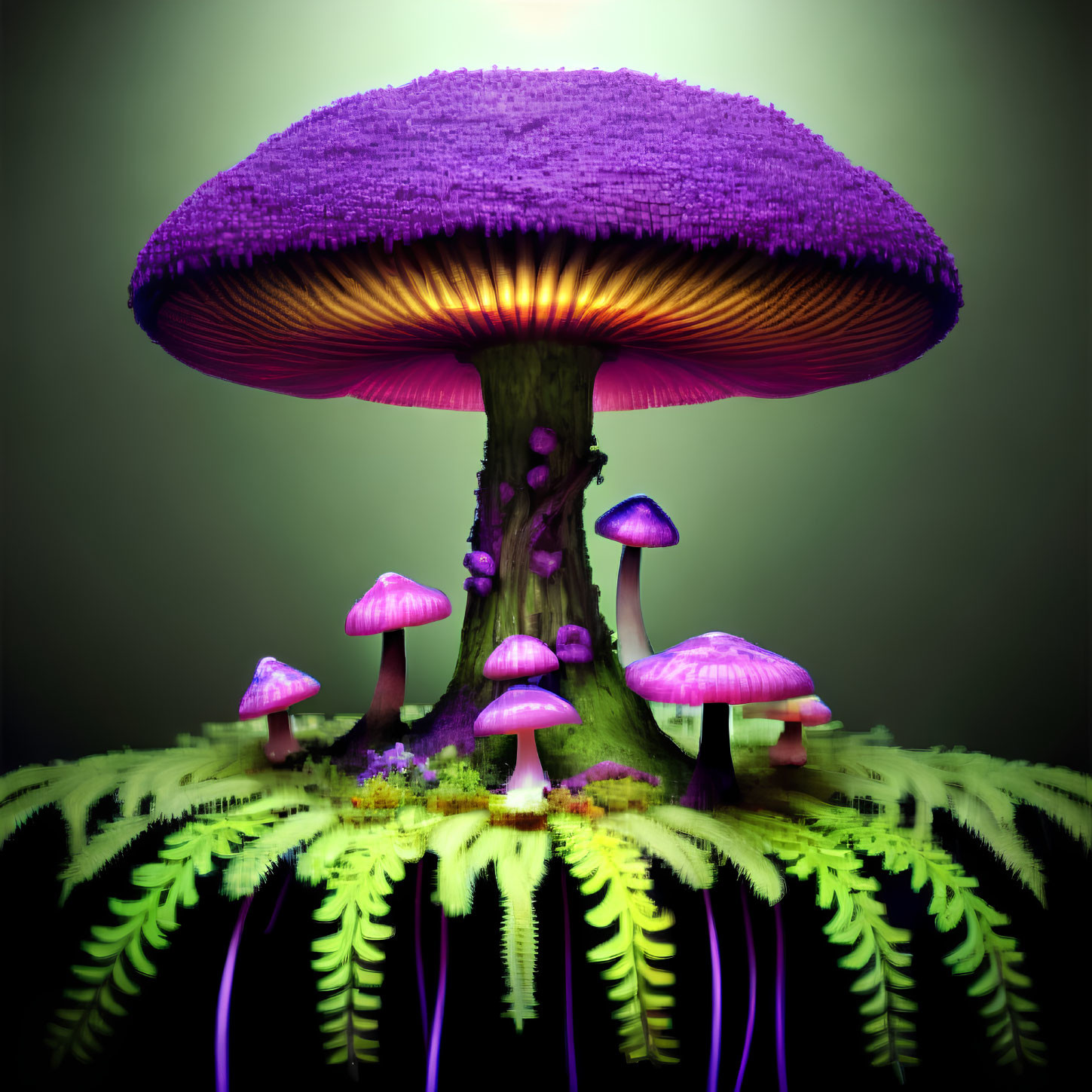 Colorful digital artwork featuring purple mushrooms of varying sizes with a large cap mushroom on top and smaller ones