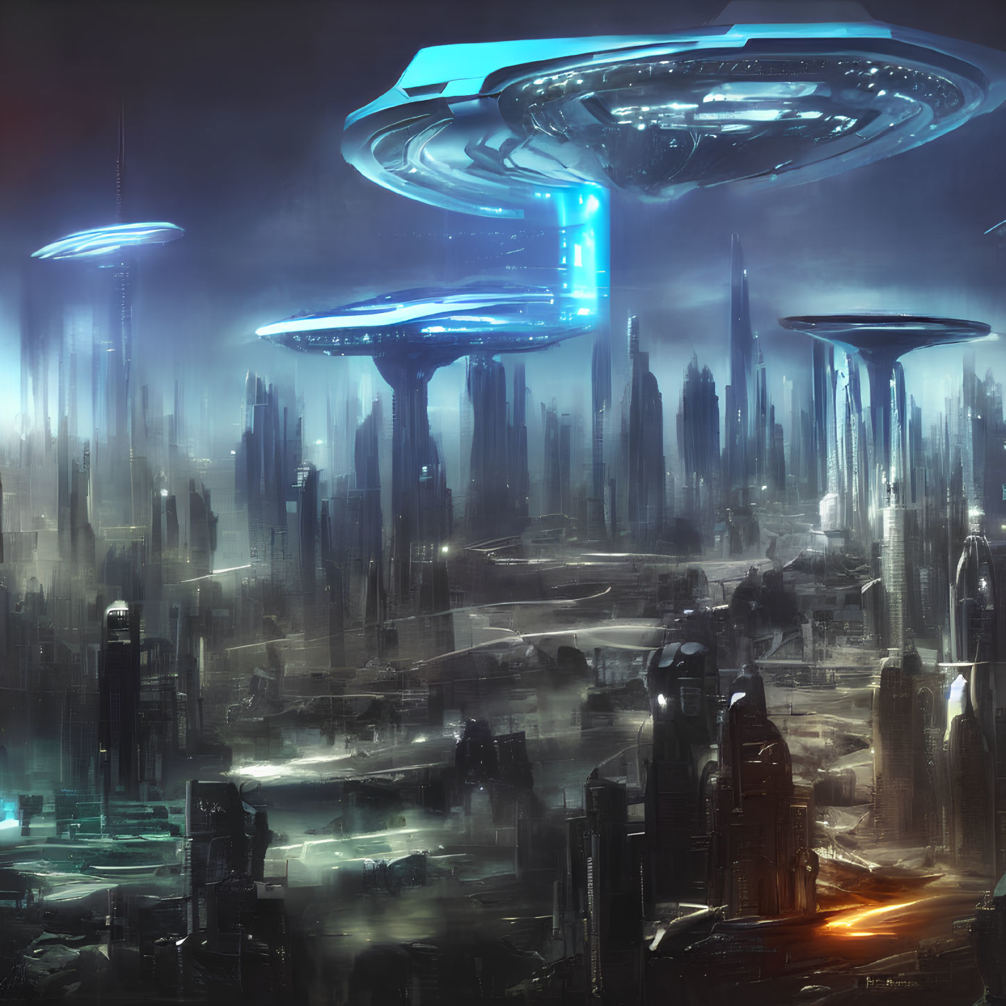 Futuristic night cityscape with skyscrapers, flying platforms, neon lights