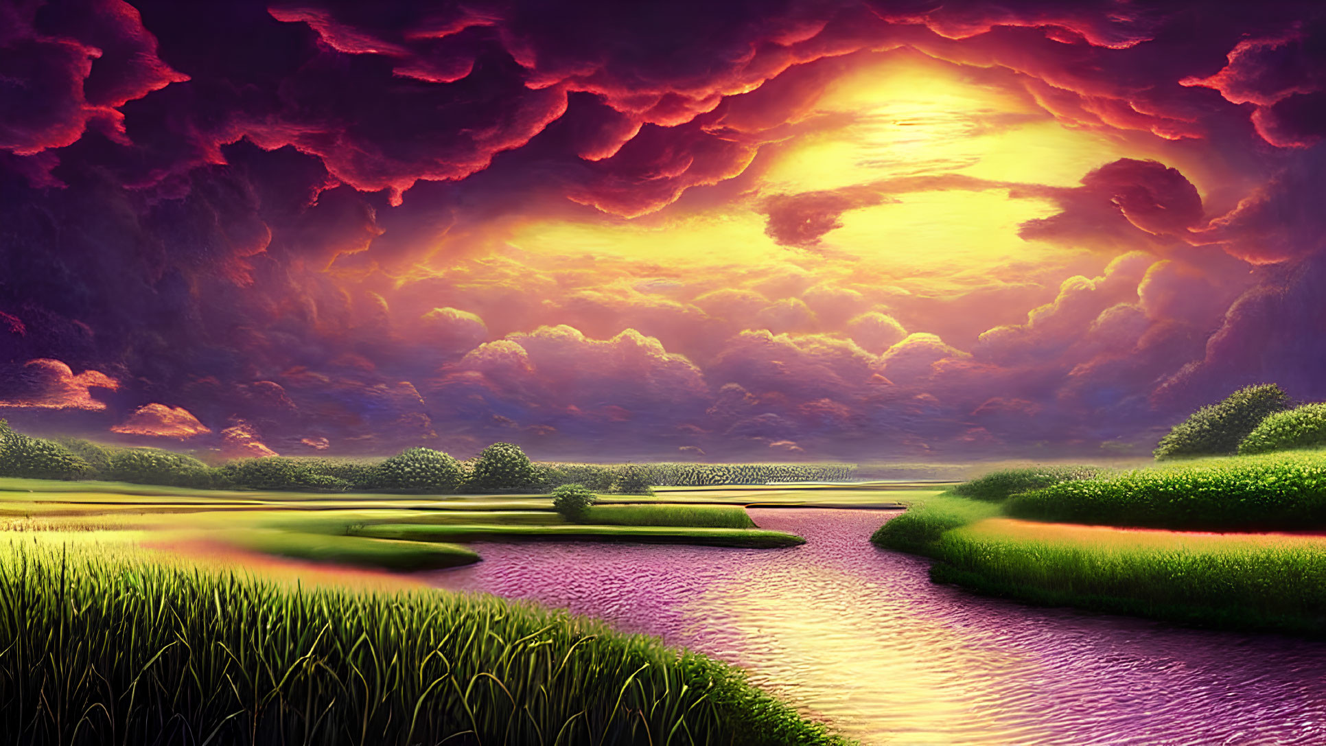 Riverside landscape with dramatic sunset sky