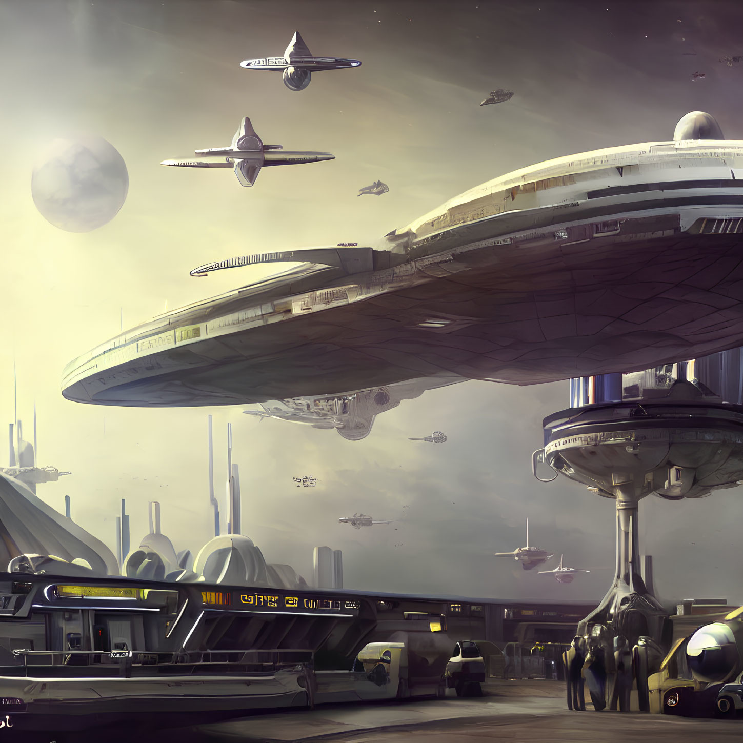 Sleek spaceships and towering structures in a futuristic spaceport