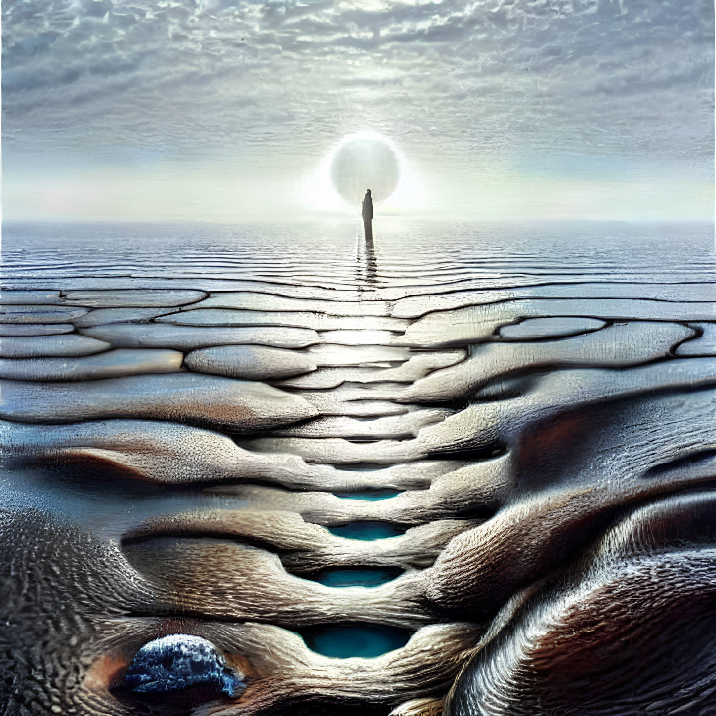 Solitary Figure in Surreal Landscape with Cracked Earth and Glaring Sun