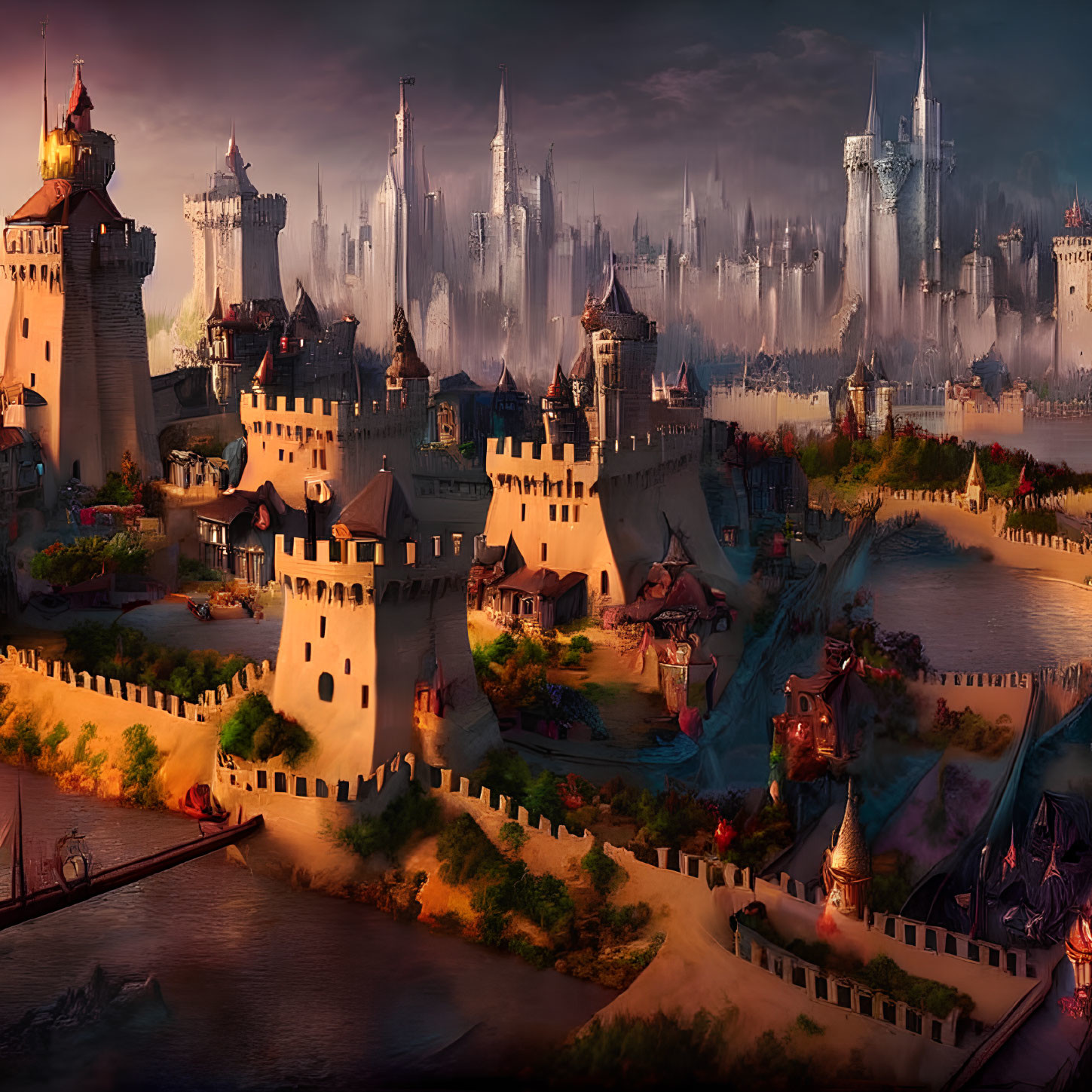 Medieval fantasy landscape at dusk with castles, spires, river, bridges, and mist