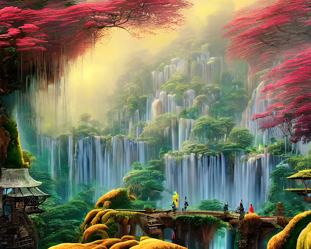 Vibrant fantasy landscape with colorful foliage, waterfalls, and oriental pagoda