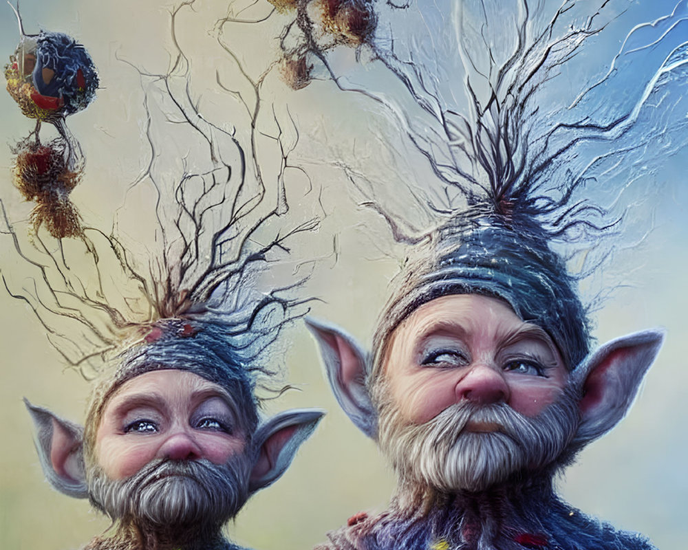 Whimsical fantasy creatures with pointed ears and tree-like hair in soft-focus setting