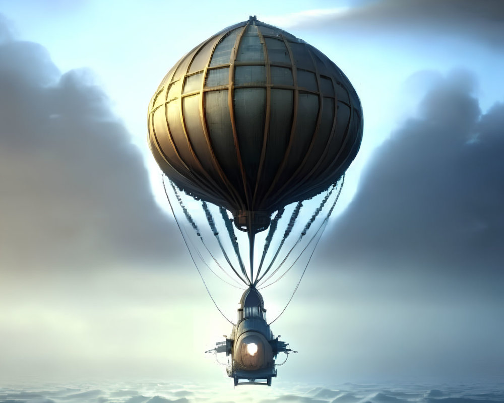 Steampunk-style airship with round balloon at dusk or dawn