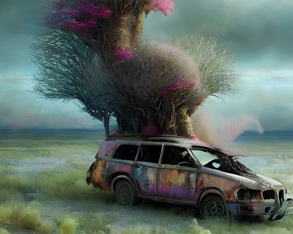 Rusted abandoned car with tree on roof in stormy field