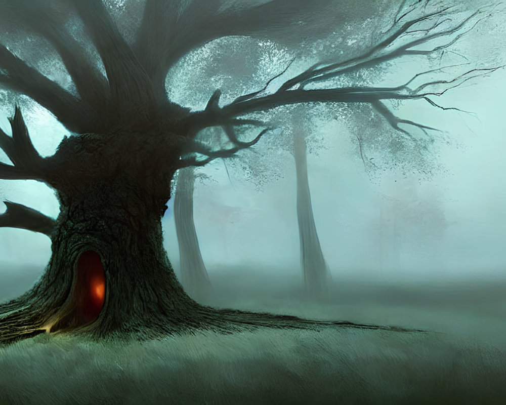 Enigmatic large glowing hollow tree in foggy forest