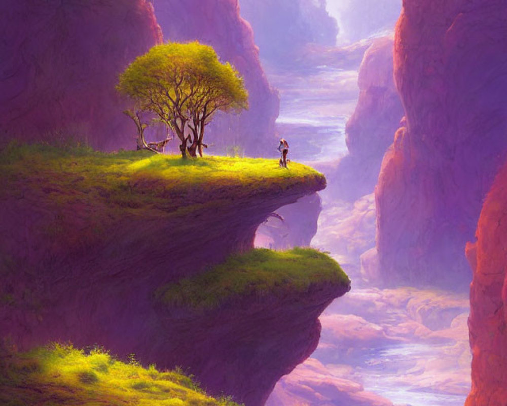 Person on lush purple cliff overlooking tranquil river in mystical canyon